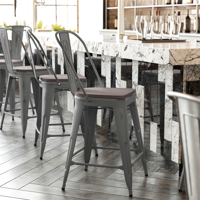 Pemberly Row Indoor Counter Stool with Poly Resin Colorful Seat in Silver/Gray