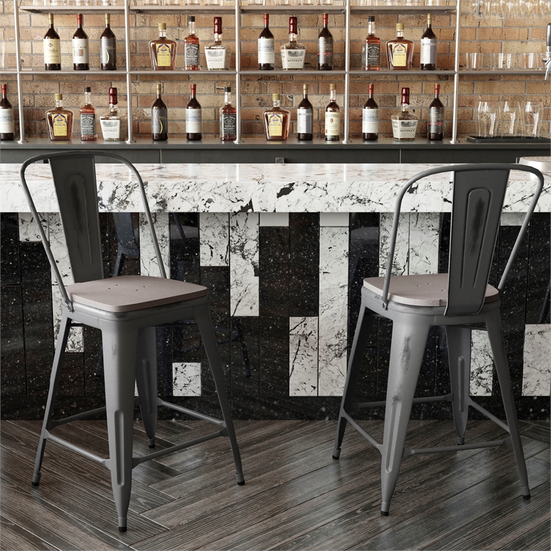 Pemberly Row Indoor Counter Stool with Poly Resin Colorful Seat in Silver/Gray