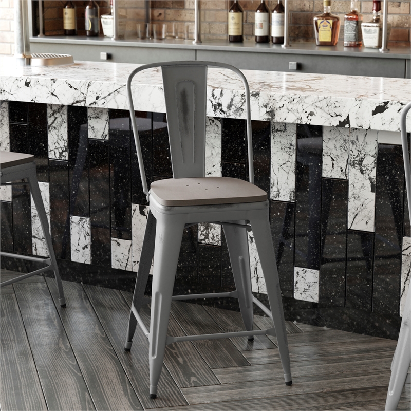 Pemberly Row Indoor Counter Stool with Poly Resin Colorful Seat in Silver/Gray