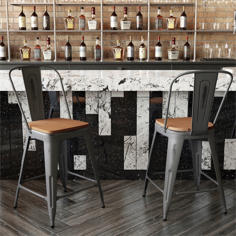 Pemberly Row Indoor Counter Stool with Poly Resin Colorful Seat in Silver/Teak