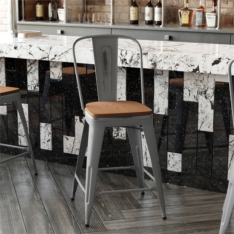 Pemberly Row Indoor Counter Stool with Poly Resin Colorful Seat in Silver/Teak