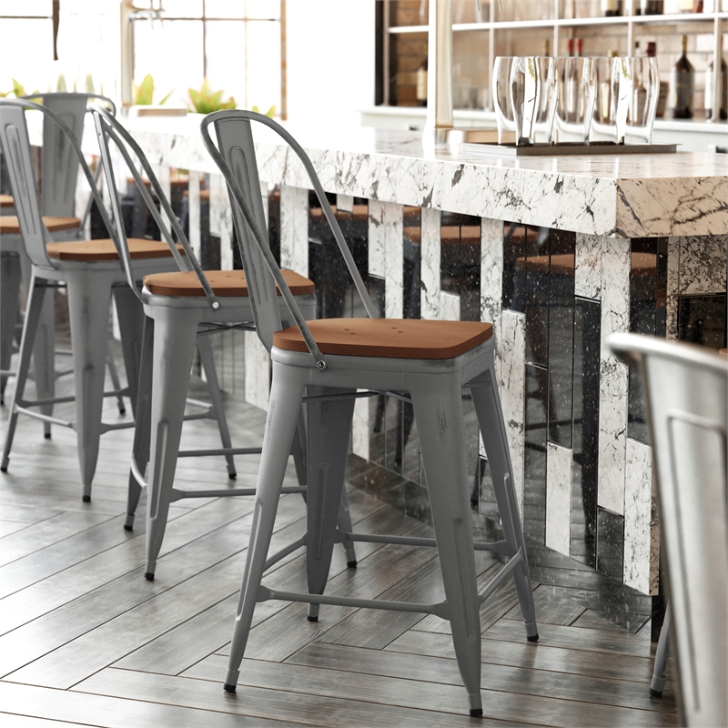 Pemberly Row Indoor Counter Stool with Poly Resin Colorful Seat in Silver/Teak