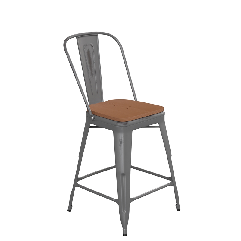 Pemberly Row Indoor Counter Stool with Poly Resin Colorful Seat in Silver/Teak