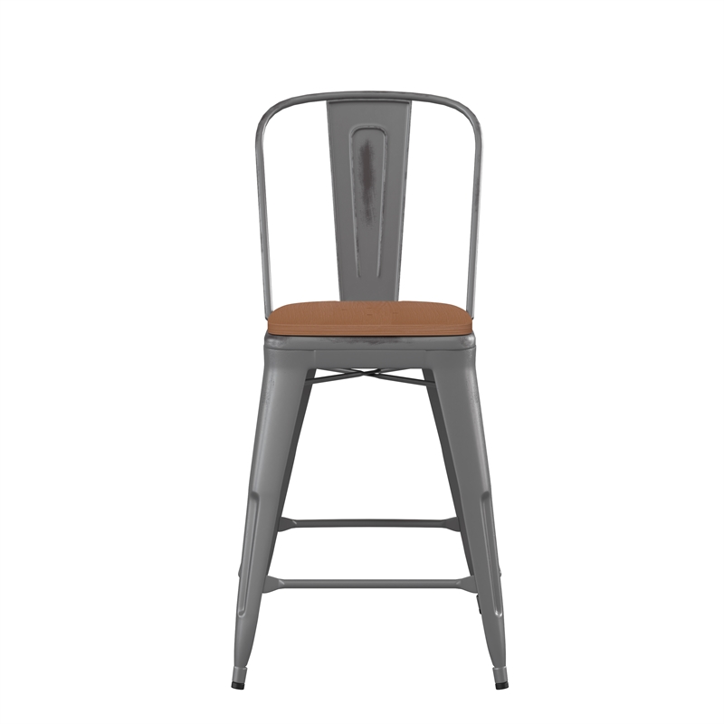 Pemberly Row Indoor Counter Stool with Poly Resin Colorful Seat in Silver/Teak