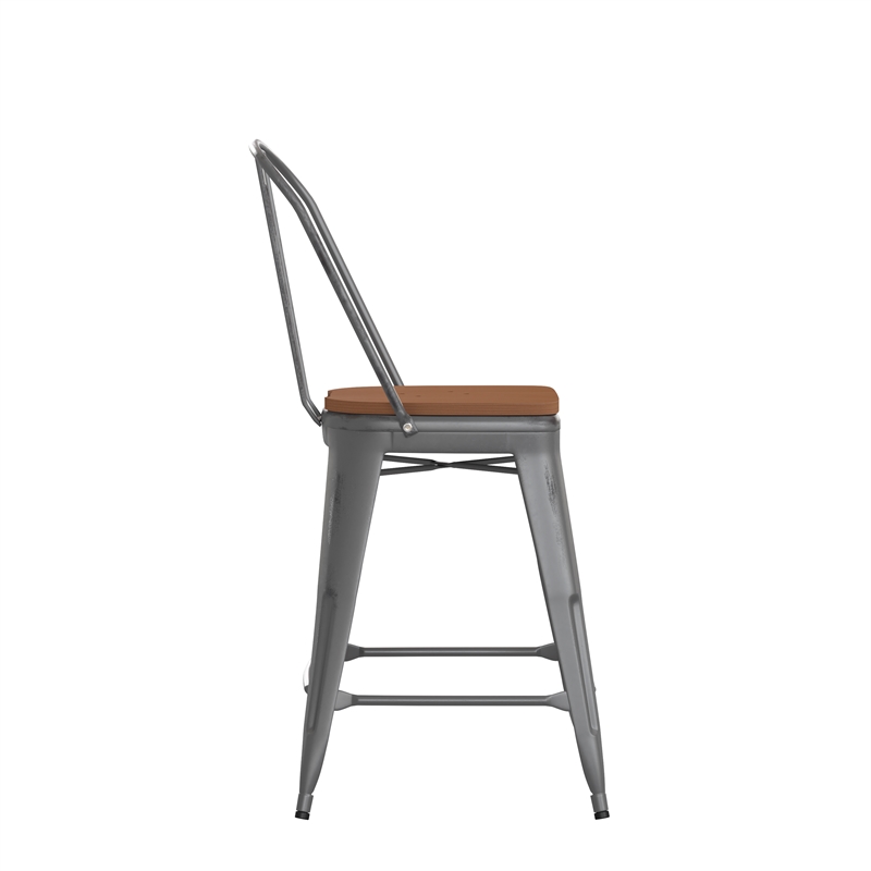 Pemberly Row Indoor Counter Stool with Poly Resin Colorful Seat in Silver/Teak
