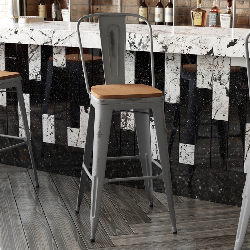 Pemberly Row Indoor Bar Stool with Poly Resin Colorful Seat in Silver/Teak