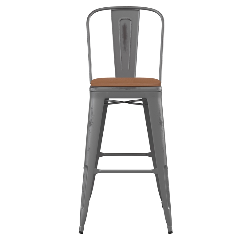 Pemberly Row Indoor Bar Stool with Poly Resin Colorful Seat in Silver/Teak
