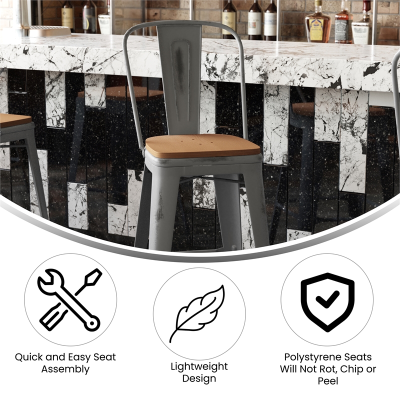Pemberly Row Indoor Bar Stool with Poly Resin Colorful Seat in Silver/Teak