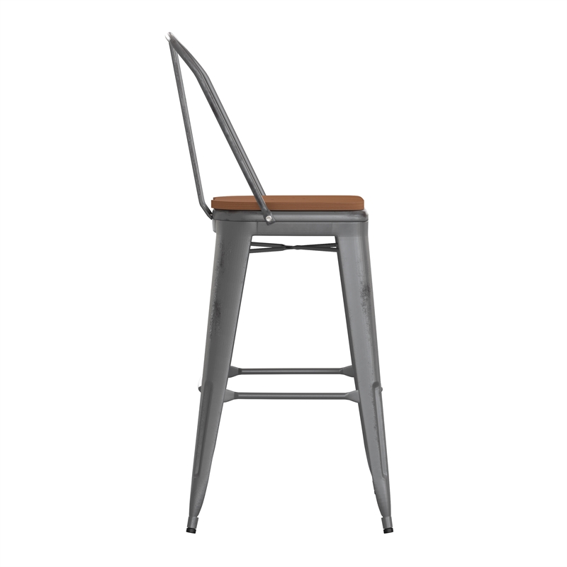 Pemberly Row Indoor Bar Stool with Poly Resin Colorful Seat in Silver/Teak