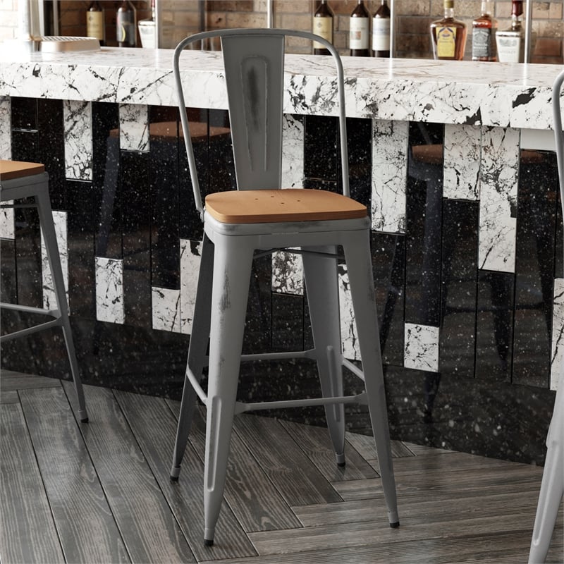 Pemberly Row Indoor Bar Stool with Poly Resin Colorful Seat in Silver/Teak