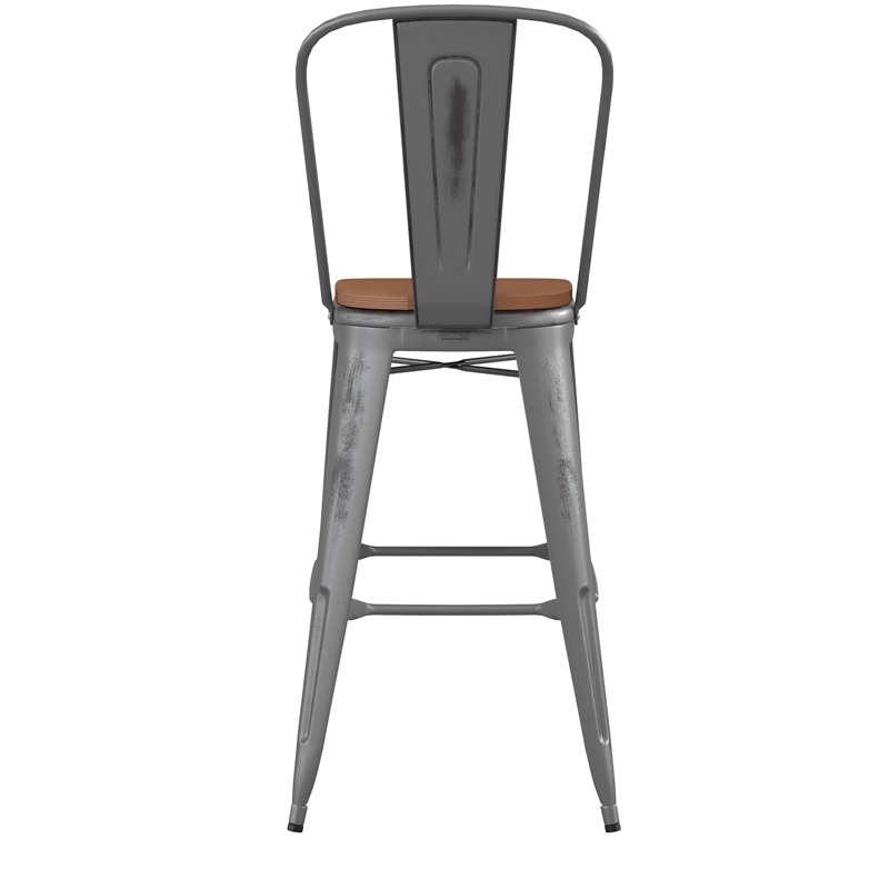 Pemberly Row Indoor Bar Stool with Poly Resin Colorful Seat in Silver/Teak