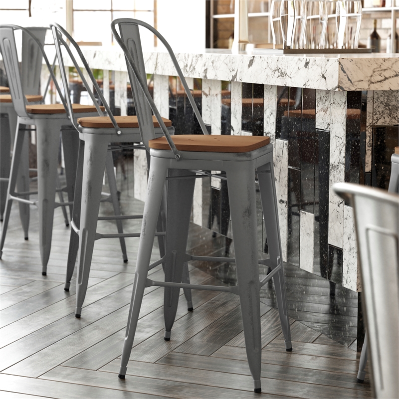Pemberly Row Indoor Bar Stool with Poly Resin Colorful Seat in Silver/Teak