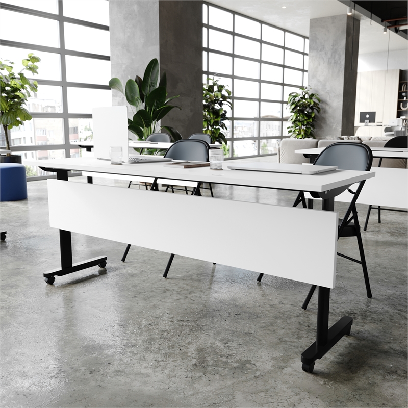 Pemberly Row Nesting Flip Training Table with Steel Frame & T-Legs - White/Black