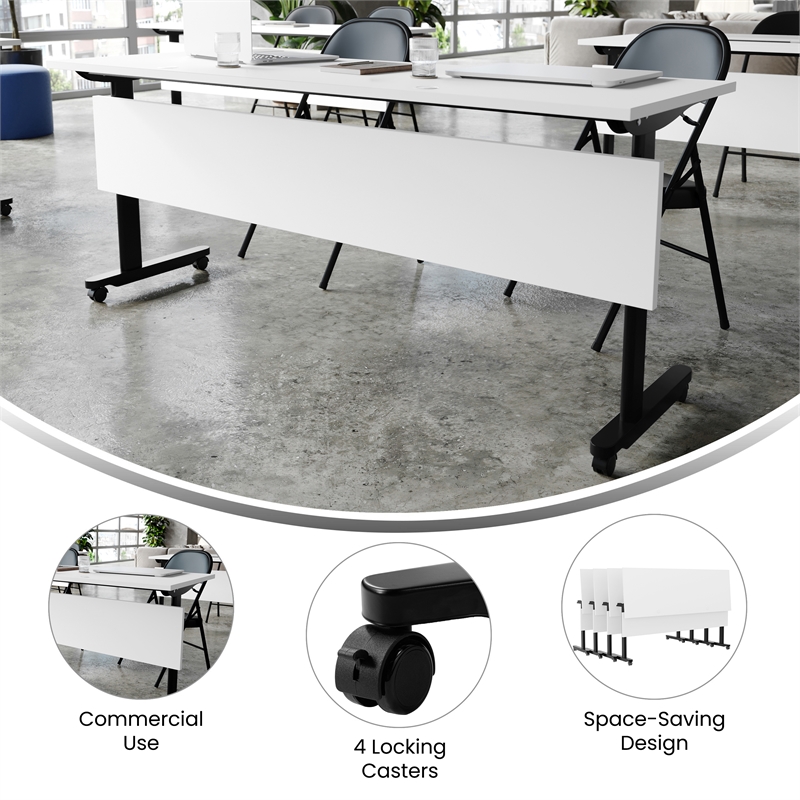 Pemberly Row Nesting Flip Training Table with Steel Frame & T-Legs - White/Black