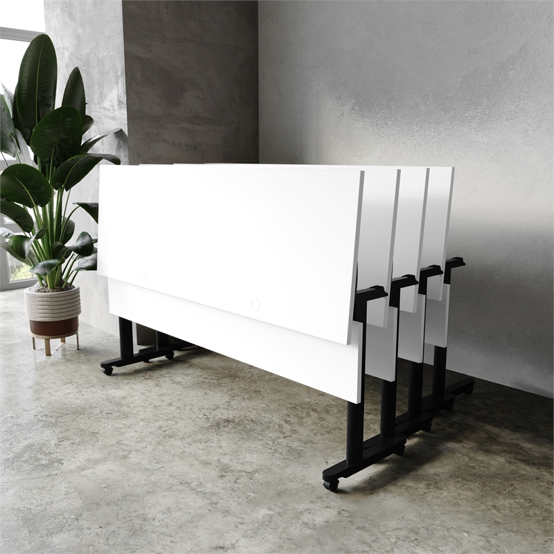 Pemberly Row Nesting Flip Training Table with Steel Frame & T-Legs - White/Black