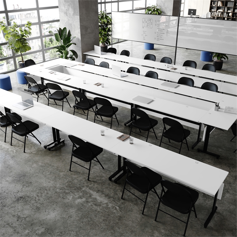 Pemberly Row Nesting Flip Training Table with Steel Frame & T-Legs - White/Black