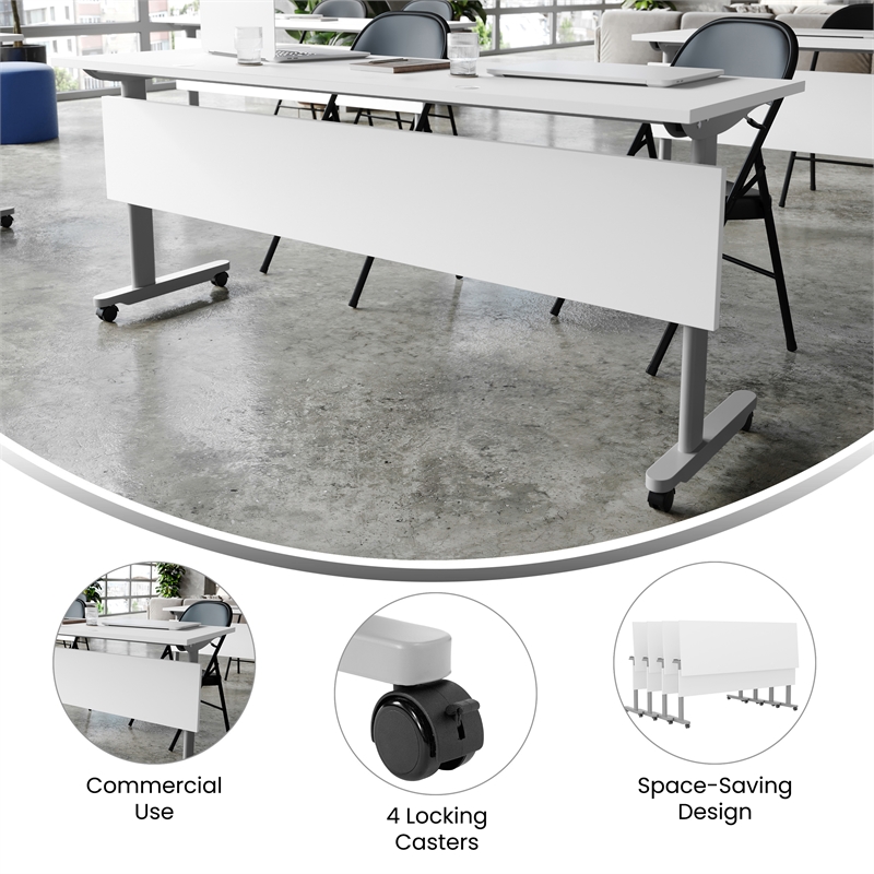 Pemberly Row Nesting Flip Training Table with Steel Frame & T-Legs in White/Gray