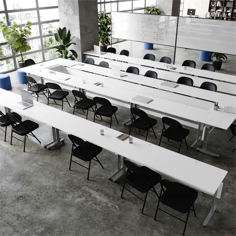 Pemberly Row Nesting Flip Training Table with Steel Frame & T-Legs in White/Gray
