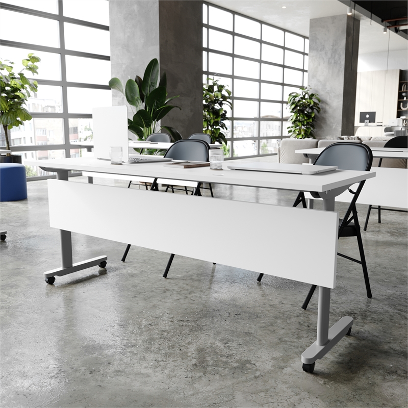 Pemberly Row Nesting Flip Training Table with Steel Frame & T-Legs in White/Gray