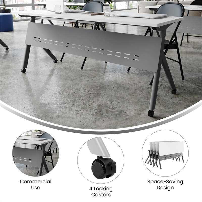 Pemberly Row Nesting Flip Training Table with Steel Frame & Y-Legs in White/Gray