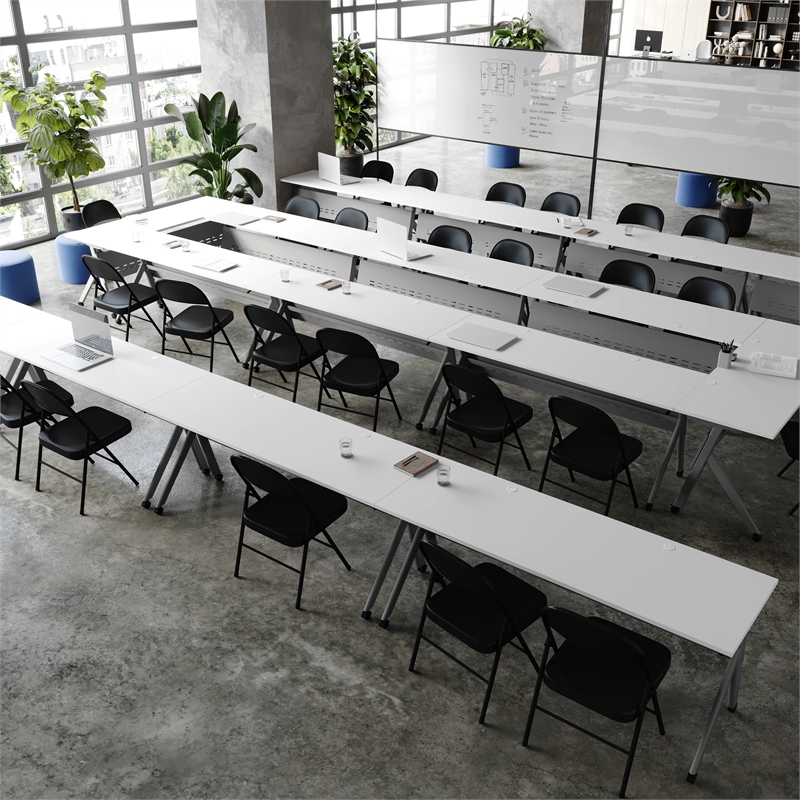 Pemberly Row Nesting Flip Training Table with Steel Frame & Y-Legs in White/Gray