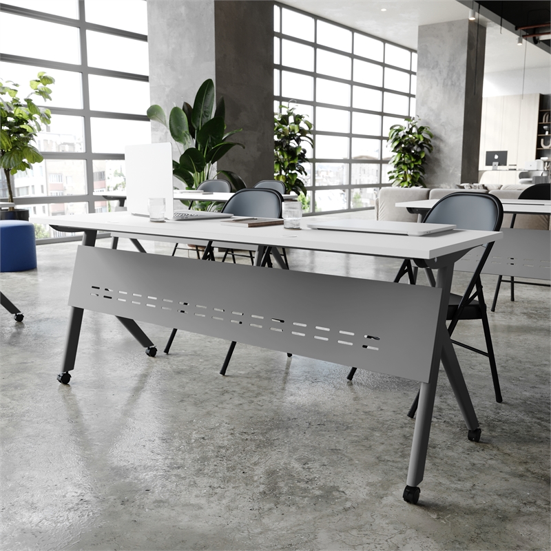 Pemberly Row Nesting Flip Training Table with Steel Frame & Y-Legs in White/Gray