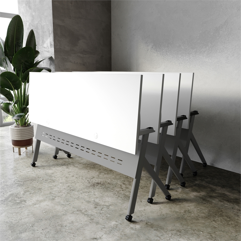 Pemberly Row Nesting Flip Training Table with Steel Frame & Y-Legs in White/Gray