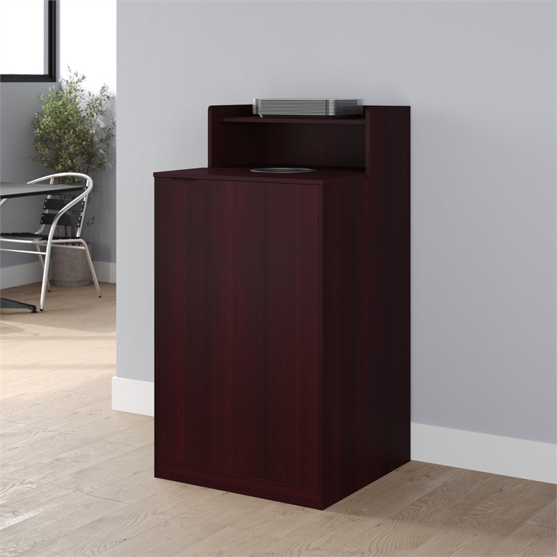 Pemberly Row 32 Gallon Wood Tray Top Trash Enclosure with Drop Hole in Mahogany