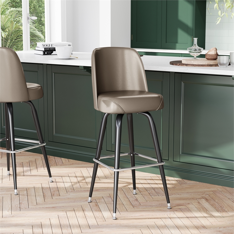 Pemberly Row Metal Bar Stool with Swivel Bucket Seat and Footrest in Beige