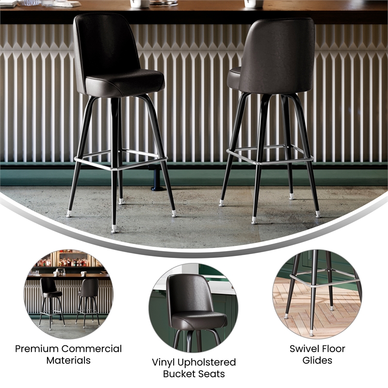 Pemberly Row Metal Bar Stool with Swivel Bucket Seat and Footrest in Dark Brown