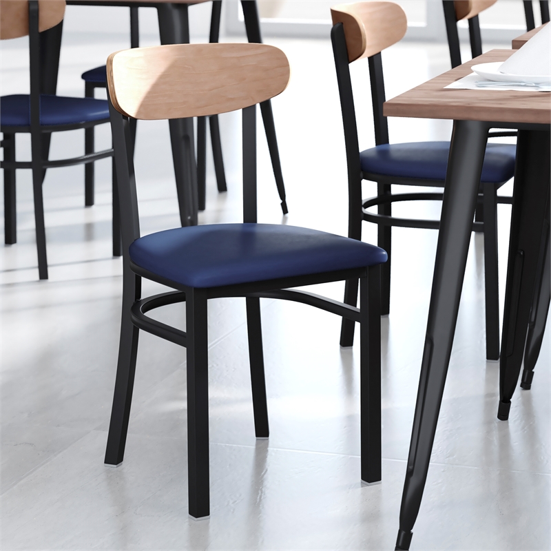 Pemberly Row Metal Dining Chair with Seat & Wood Boomerang Back in Blue/Natural