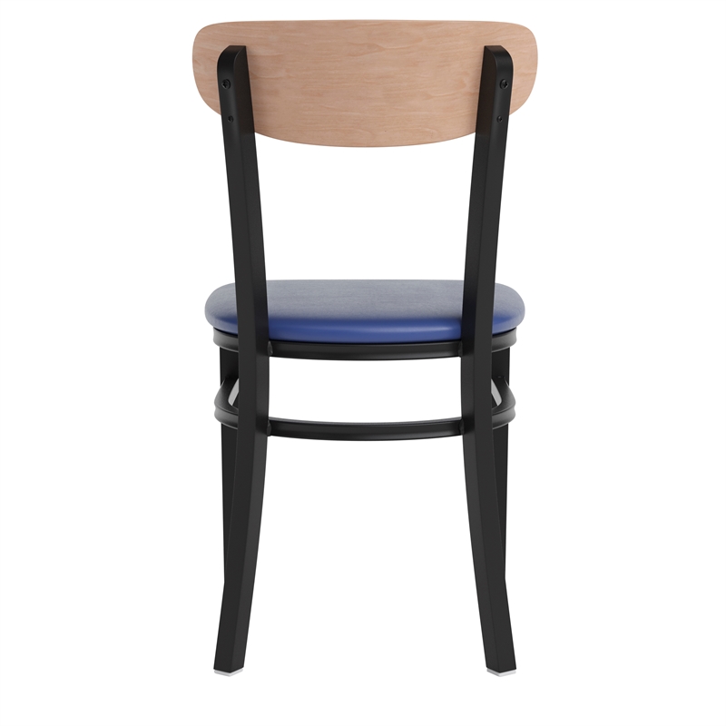 Pemberly Row Metal Dining Chair with Seat & Wood Boomerang Back in Blue/Natural