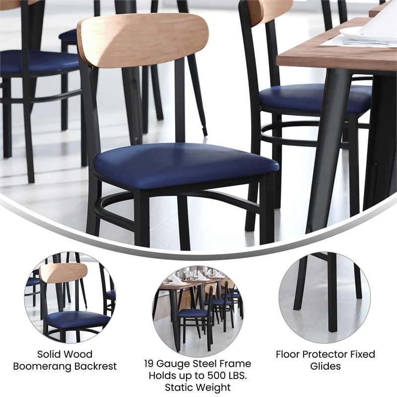 Pemberly Row Metal Dining Chair with Seat & Wood Boomerang Back in Blue/Natural