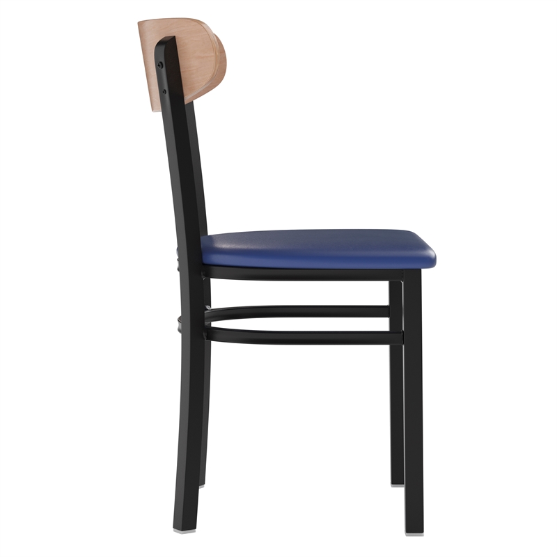 Pemberly Row Metal Dining Chair with Seat & Wood Boomerang Back in Blue/Natural