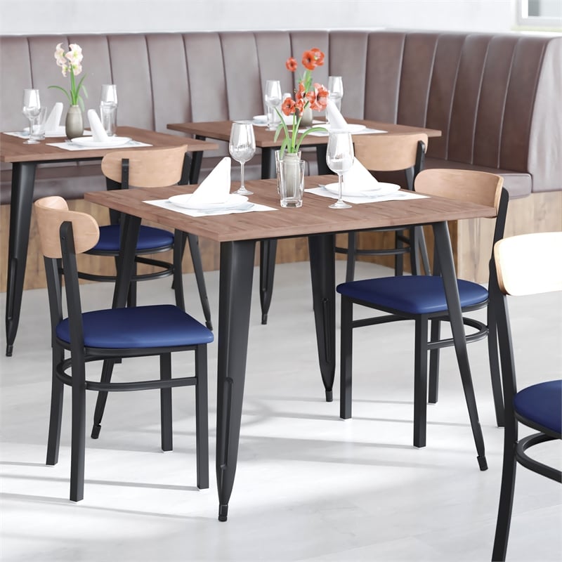 Pemberly Row Metal Dining Chair with Seat & Wood Boomerang Back in Blue/Natural