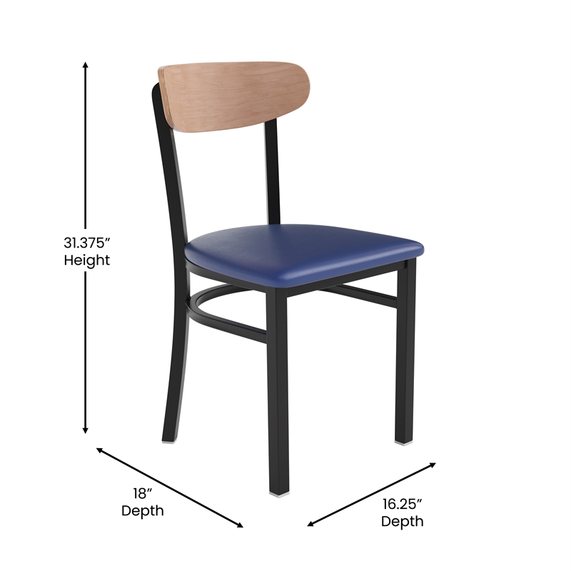 Pemberly Row Metal Dining Chair with Seat & Wood Boomerang Back in Blue/Natural