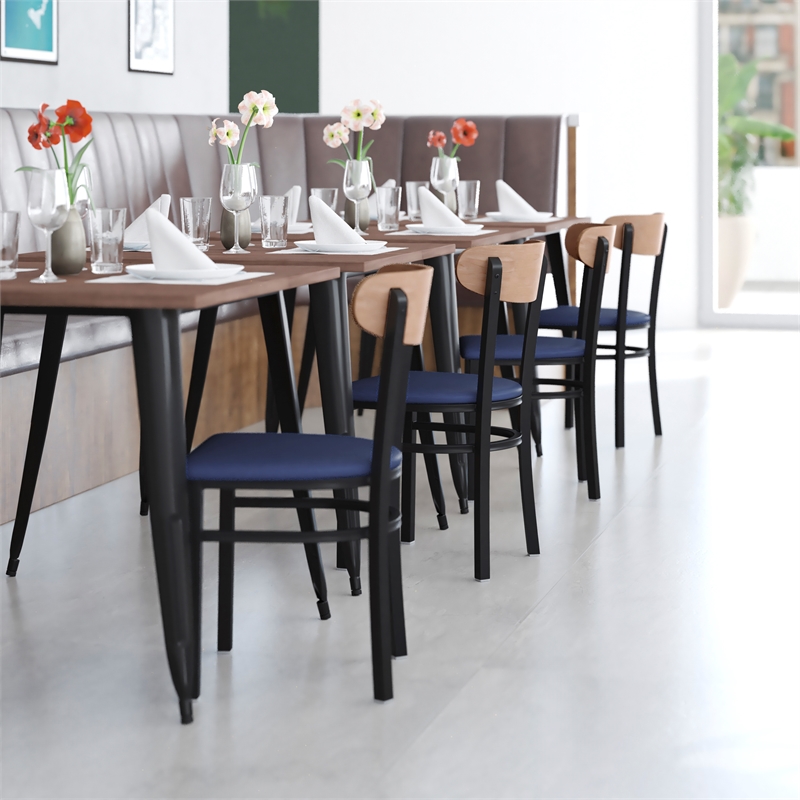 Pemberly Row Metal Dining Chair with Seat & Wood Boomerang Back in Blue/Natural