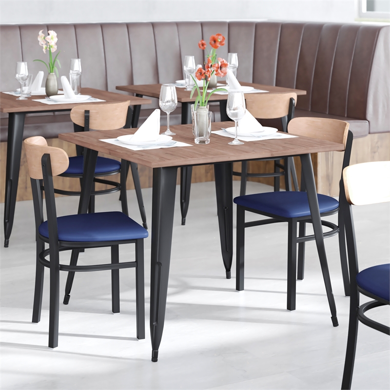 Pemberly Row Metal Dining Chair with Seat & Wood Boomerang Back in Blue/Natural