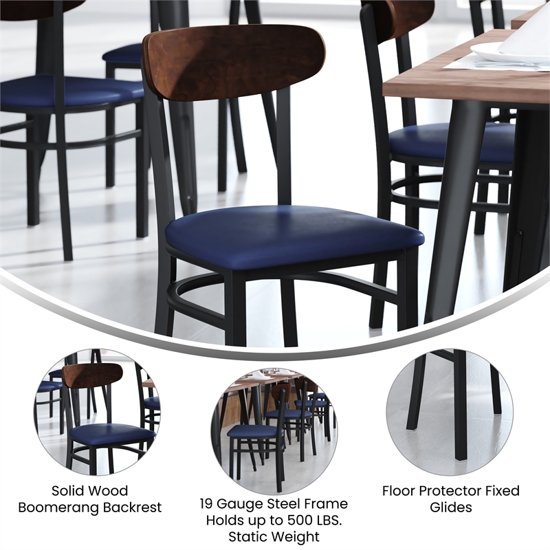 Pemberly Row Metal Dining Chair with Seat and Wood Boomerang Back in Blue/Walnut
