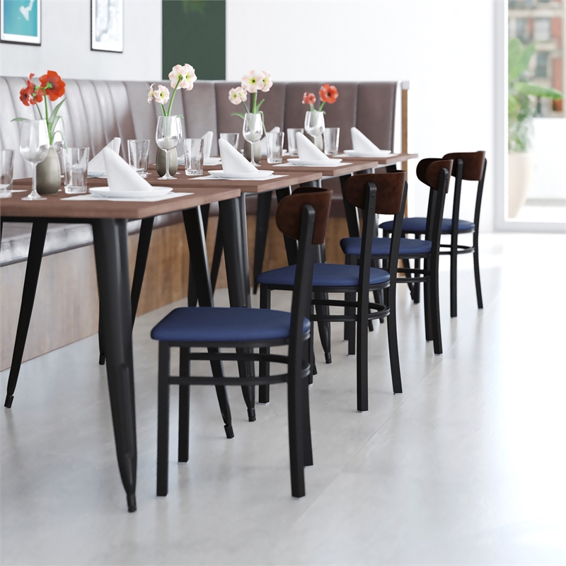 Pemberly Row Metal Dining Chair with Seat and Wood Boomerang Back in Blue/Walnut