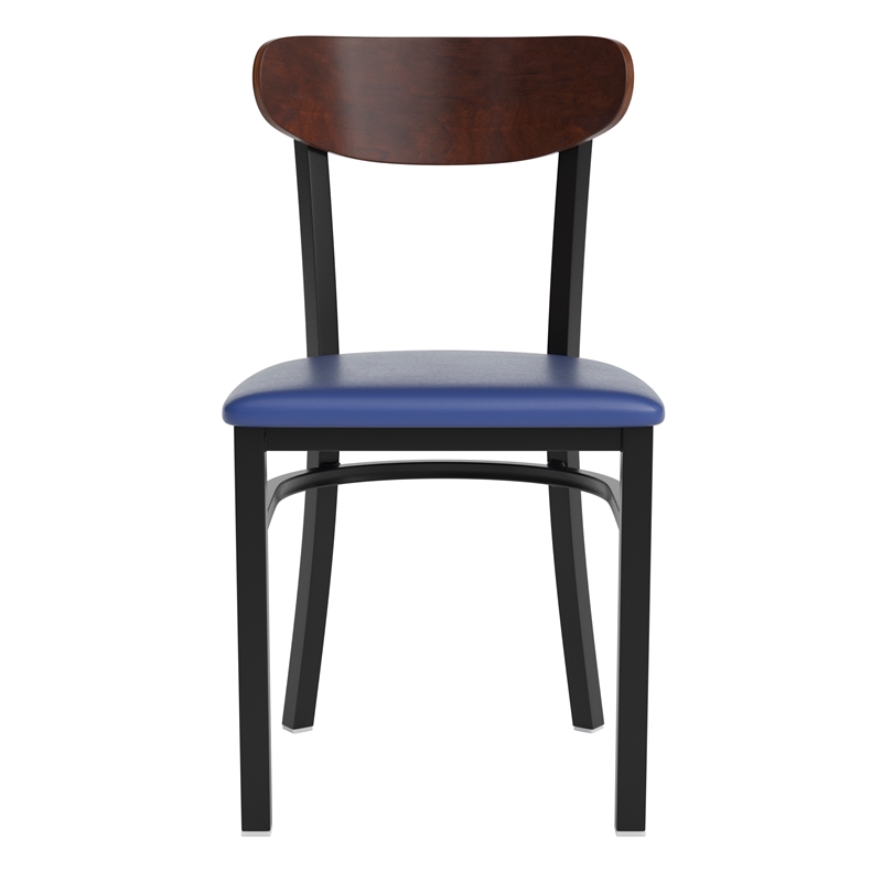 Pemberly Row Metal Dining Chair with Seat and Wood Boomerang Back in Blue/Walnut