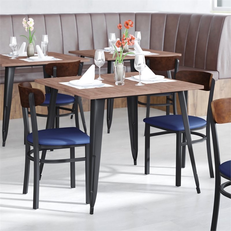Pemberly Row Metal Dining Chair with Seat and Wood Boomerang Back in Blue/Walnut