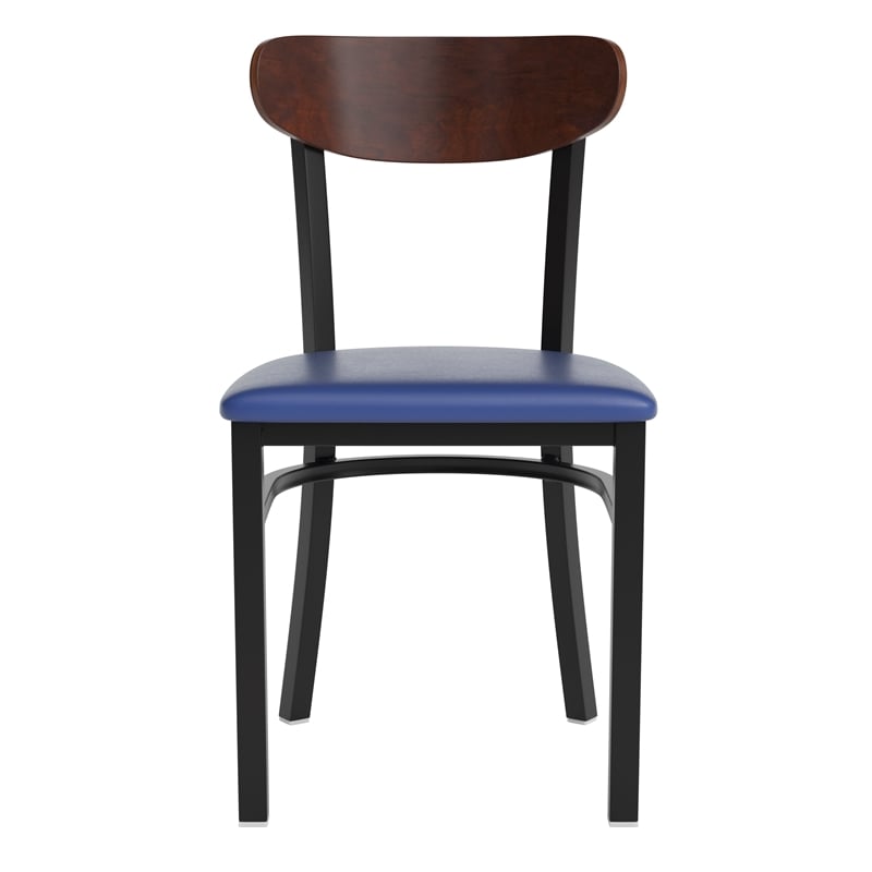 Pemberly Row Metal Dining Chair with Seat and Wood Boomerang Back in Blue/Walnut
