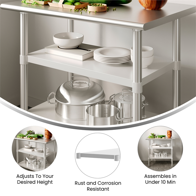 Pemberly Row Galvanized Steel Adjustable Add-On Work Table Lower Shelf