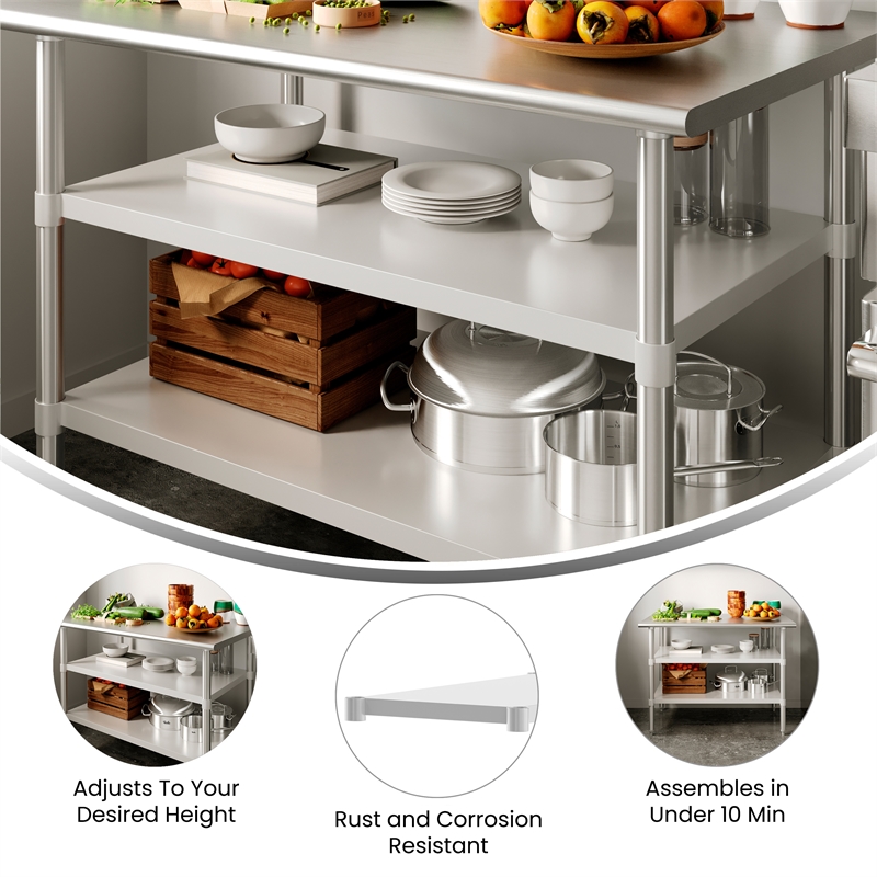 Pemberly Row Galvanized Steel Adjustable Add-On Work Table Lower Shelf