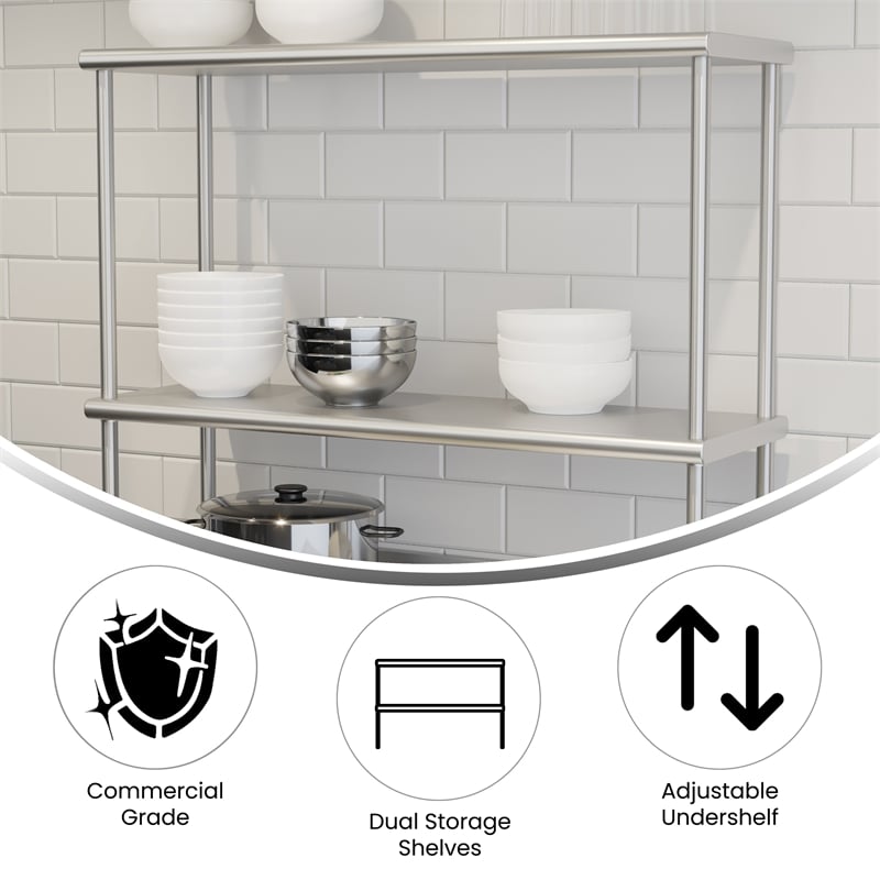 Pemberly Row NSF Certified Stainless Steel Kitchen Double Overshelf