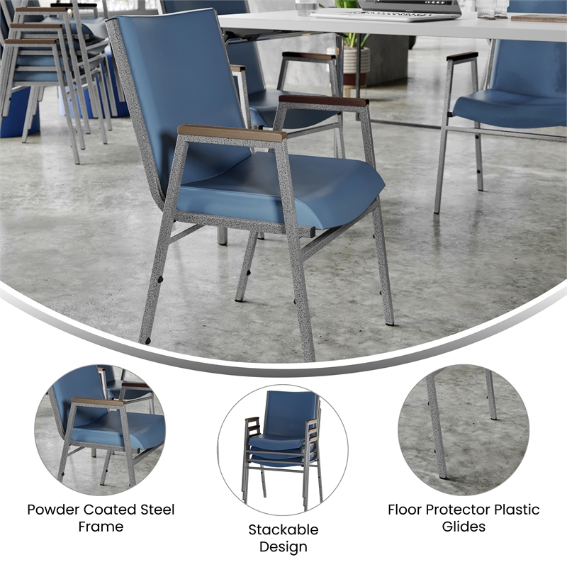 Pemberly Row Heavy Duty Navy Vinyl Padded Stack Chair with Arms