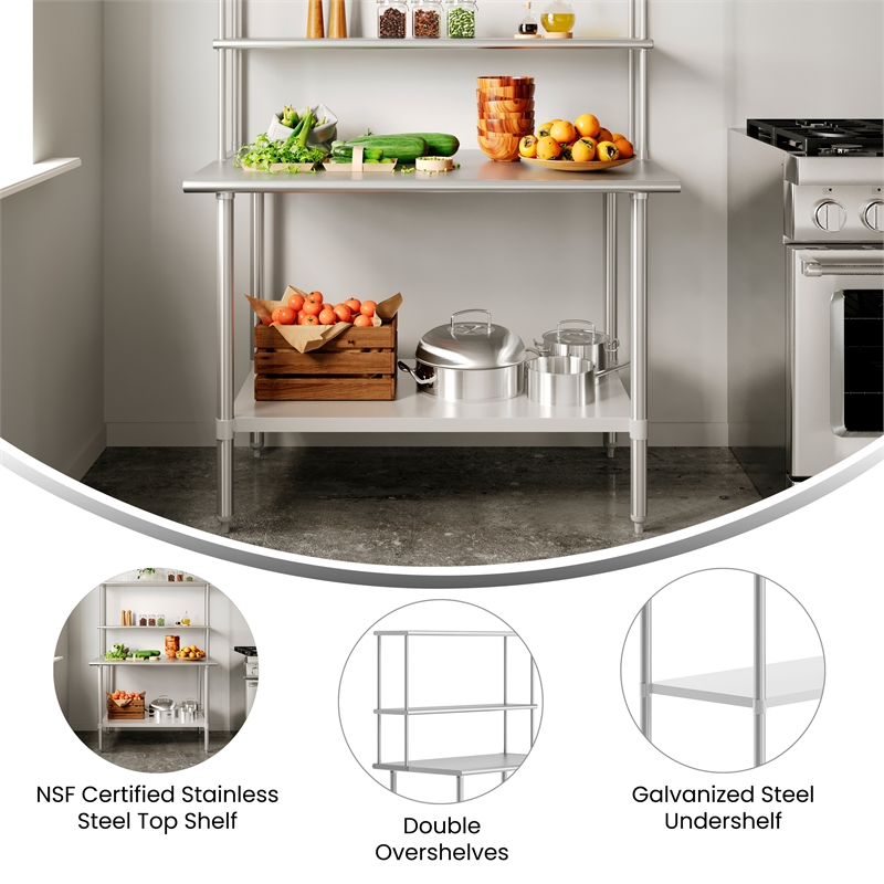 Pemberly Row 30x48 Stainless Steel Work Table with 2 Overshelves and Undershelf