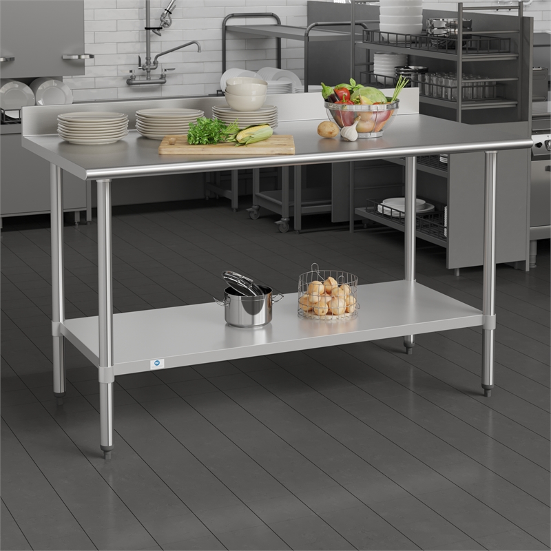 Pemberly Row Stainless Steel Kitchen Prep & Work Table with Shelf & Backsplash