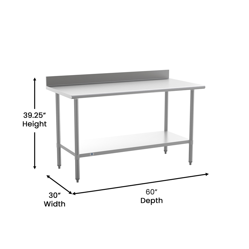Pemberly Row Stainless Steel Kitchen Prep & Work Table with Shelf & Backsplash